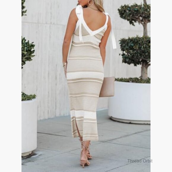 Summer Midi Bodycon Sweater Dress V Neck Tie Shoulder Sleeveless Side Slit - Picture 4 of 7